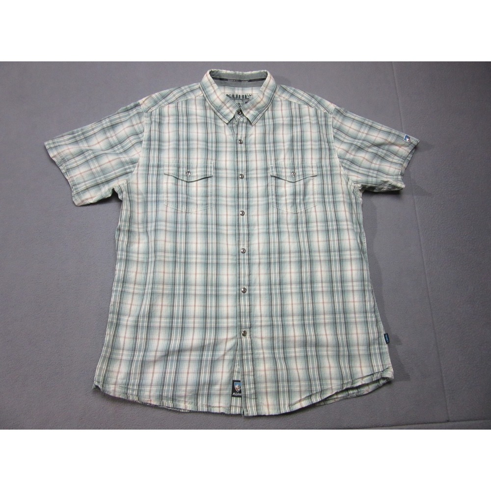 Kuhl Button Down Shirt Mens XL White Green Plaid Cotton Linen Short Sleeve